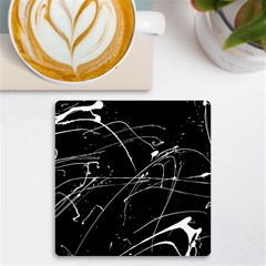 Abstract White Paint Streaks On Black Uv Print Square Tile Coaster  by VernenInk