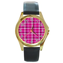 Pink Tartan-9 Round Gold Metal Watch by tartantotartanspink2