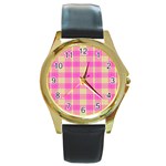 Pink Tartan 4 Round Gold Metal Watch Front