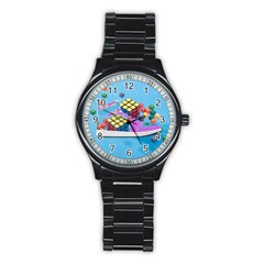 Floating-cubes-on-blue Backgrounderaser 20220422 203144521 Backgrounderaser 20220422 203216276 Stainless Steel Round Watch by marthatravis1968