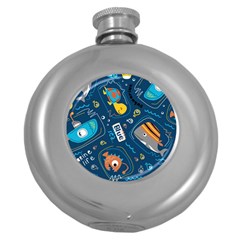 Seamless-pattern-vector-submarine-with-sea-animals-cartoon Round Hip Flask (5 Oz) by Jancukart