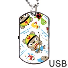 Vector-seamless-pattern-cute-fishing-animals-cartoon Dog Tag Usb Flash (one Side) by Jancukart