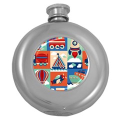 Toy-transport-cartoon-seamless-pattern-with-airplane-aerostat-sail-yacht-vector-illustration Round Hip Flask (5 Oz) by Jancukart