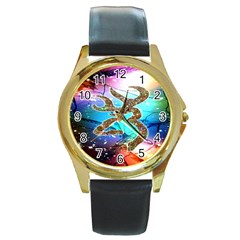 Browning Deer Glitter Galaxy Round Gold Metal Watch by artworkshop