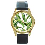 Sheets Tropical Plant Palm Summer Exotic Round Gold Metal Watch Front