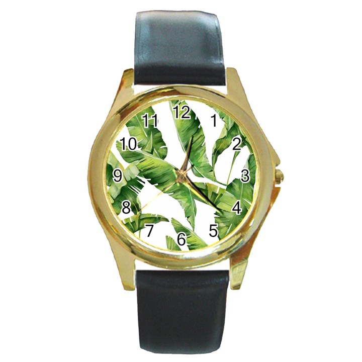 Sheets Tropical Plant Palm Summer Exotic Round Gold Metal Watch