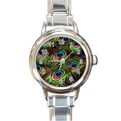 Peacock-feathers-color-plumage Round Italian Charm Watch by Celenk