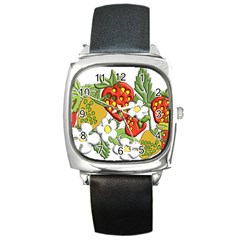 Strawberries Berry Strawberry Leaves Square Metal Watch by Wegoenart