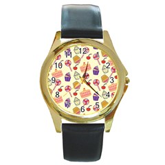 Food Illustration Cupcake Pattern Lollipop Round Gold Metal Watch by Amaryn4rt