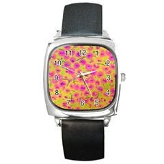 Cherries Fruit Food Neon Texture Fluorescent Square Metal Watch by Wegoenart