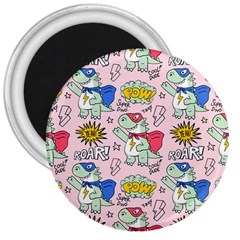 Seamless Pattern With Many Funny Cute Superhero Dinosaurs T-rex Mask Cloak With Comics Style 3  Magnets by Ravend