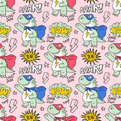 Seamless Pattern With Many Funny Cute Superhero Dinosaurs T-rex Mask Cloak With Comics Style Play Mat (square) by Ravend