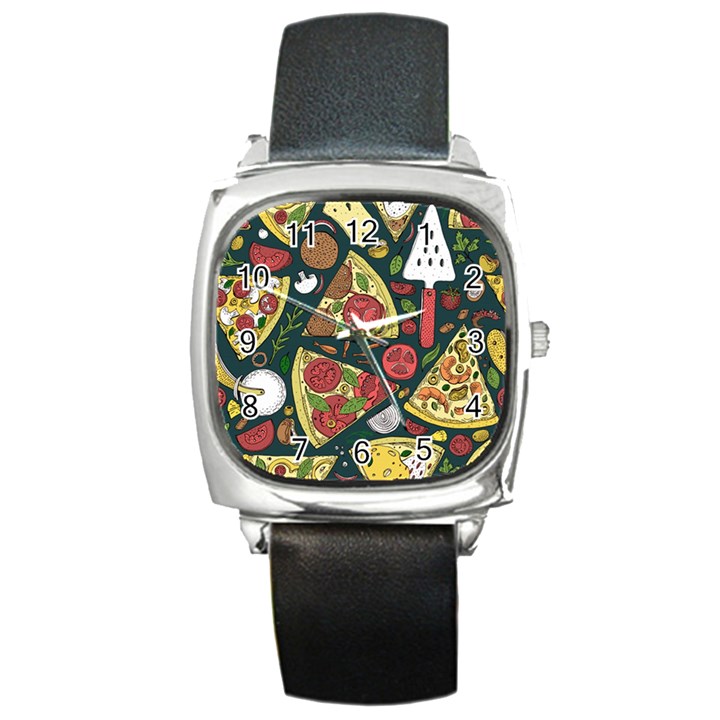 Vector Seamless Pizza Slice Pattern Hand Drawn Pizza Illustration Great Pizzeria Menu Background Square Metal Watch