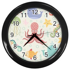 Underwater-seamless-pattern-light-background-funny Wall Clock (black) by Jancukart