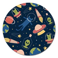 Seamless Pattern With Funny Alien Cat Galaxy Magnet 5  (round) by Wegoenart