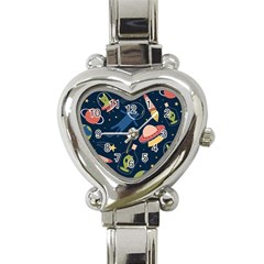 Seamless Pattern With Funny Alien Cat Galaxy Heart Italian Charm Watch by Wegoenart