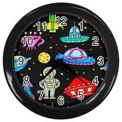 Seamless Pattern With Space Object Ufo Rocket Alien Hand Drawn Element Space Wall Clock (black) by Wegoenart