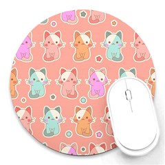 Cute Kawaii Kittens Seamless Pattern Round Mousepad by Wegoenart