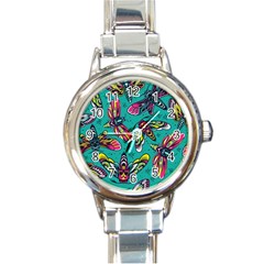 Vintage Colorful Insects Seamless Pattern Round Italian Charm Watch by Wegoenart