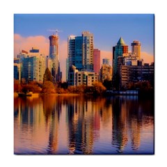 Vancouver Canada Sea Ocean Reflections Skyline Tile Coaster by danenraven