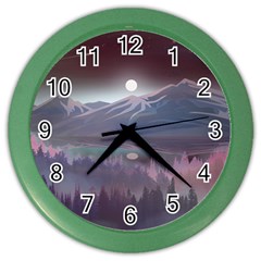 Mountains Nature Forest Moon Landscape Moonlight Color Wall Clock by Pakemis