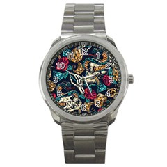 Vintage Art Tattoos Colorful Seamless Pattern Sport Metal Watch by Pakemis