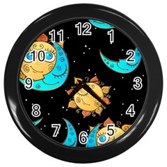 Seamless Pattern With Sun Moon Children Wall Clock (black) by Pakemis