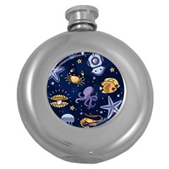 Marine Seamless Pattern Thin Line Memphis Style Round Hip Flask (5 Oz) by Pakemis