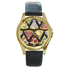 Vector-seamless-pattern-with-italian-pizza-top-view Round Gold Metal Watch by Pakemis