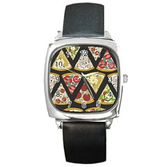 Vector-seamless-pattern-with-italian-pizza-top-view Square Metal Watch by Pakemis