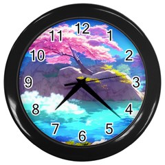 Fantasy Japan Mountains Cherry Blossoms Nature Wall Clock (black) by Uceng