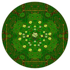 Lotus Bloom In Gold And A Green Peaceful Surrounding Environment Round Trivet by pepitasart