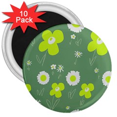 Daisy Flowers Lime Green White Forest Green  3  Magnets (10 Pack)  by Mazipoodles