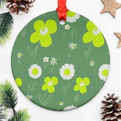 Daisy Flowers Lime Green White Forest Green  Round Ornament (two Sides) by Mazipoodles