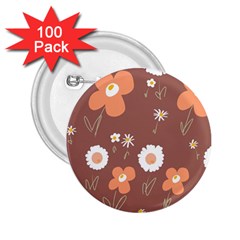 Daisy Flowers Coral White Green Brown  2 25  Buttons (100 Pack)  by Mazipoodles