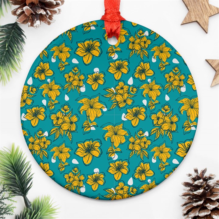 Turquoise And Yellow Floral Ornament (Round)