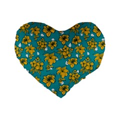 Turquoise And Yellow Floral Standard 16  Premium Heart Shape Cushions by fructosebat