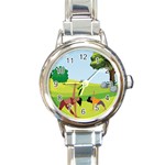 Mother And Daughter Yoga Art Celebrating Motherhood And Bond Between Mom And Daughter. Round Italian Charm Watch Front