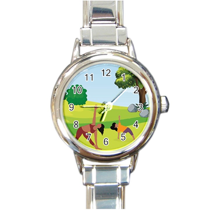 Mother And Daughter Yoga Art Celebrating Motherhood And Bond Between Mom And Daughter. Round Italian Charm Watch