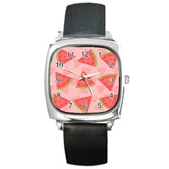 Background Watermelon Pattern Fruit Food Sweet Square Metal Watch by Jancukart