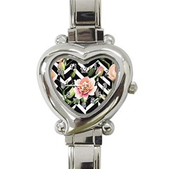 Black Chevron Peach Lilies Heart Italian Charm Watch by GardenOfOphir