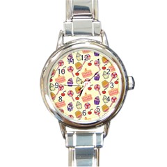 Happy Birthday Cupcake Pattern Lollipop Flat Design Round Italian Charm Watch by Ravend