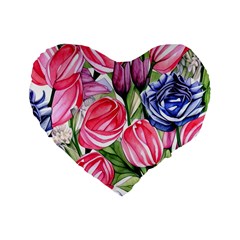 Charming Foliage – Watercolor Flowers Botanical Standard 16  Premium Flano Heart Shape Cushions by GardenOfOphir