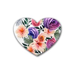 Country-chic Watercolor Flowers Rubber Coaster (heart) by GardenOfOphir