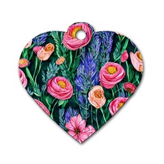 Cute Watercolor Flowers And Foliage Dog Tag Heart (two Sides) by GardenOfOphir