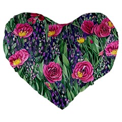 Dazzling Watercolor Flowers And Foliage Large 19  Premium Flano Heart Shape Cushions by GardenOfOphir