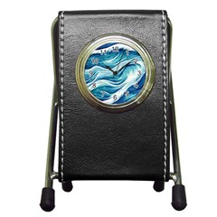 Abstract Blue Ocean Waves Pen Holder Desk Clock by GardenOfOphir