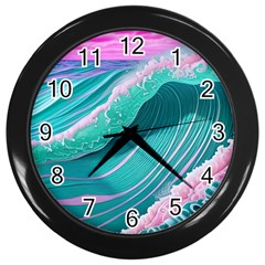 Pink Ocean Waves Wall Clock (black) by GardenOfOphir