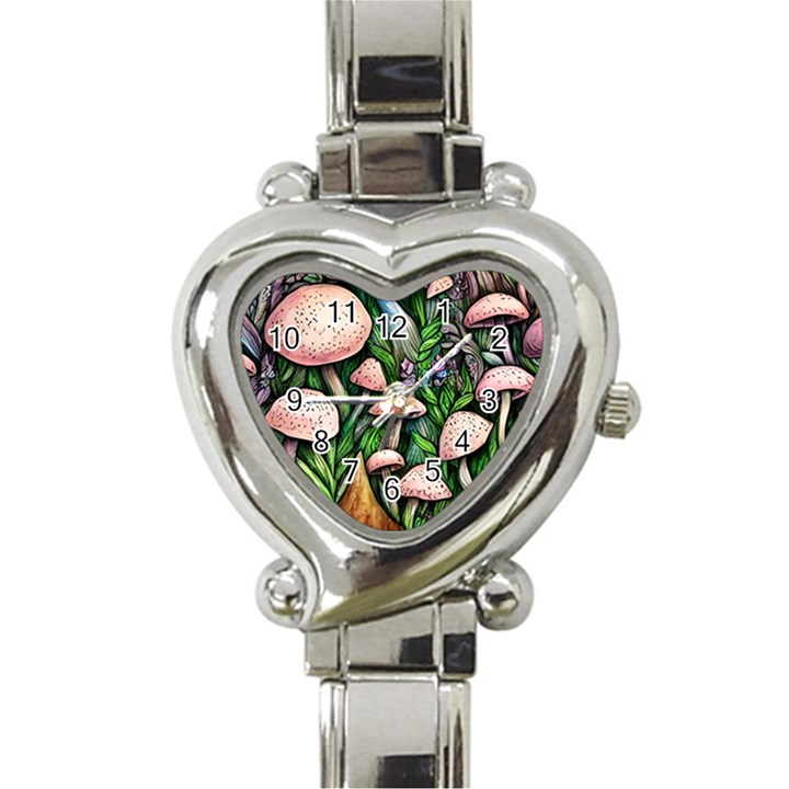 Flowery Garden Nature Woodsy Mushroom Heart Italian Charm Watch