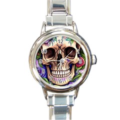 Retro Gothic Skull With Flowers - Cute And Creepy Round Italian Charm Watch by GardenOfOphir